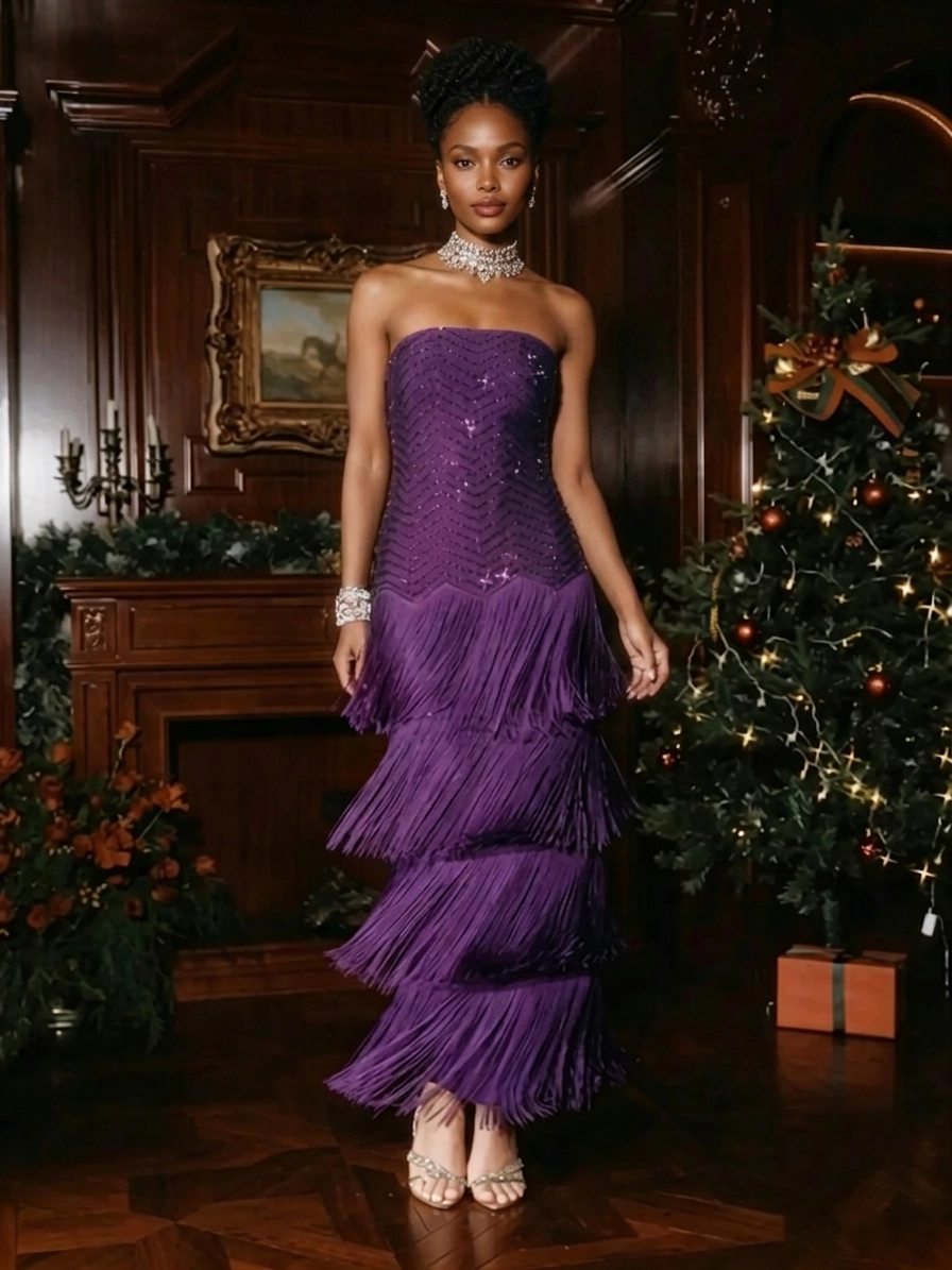 Violet Scalloped Fringe Midi Gown