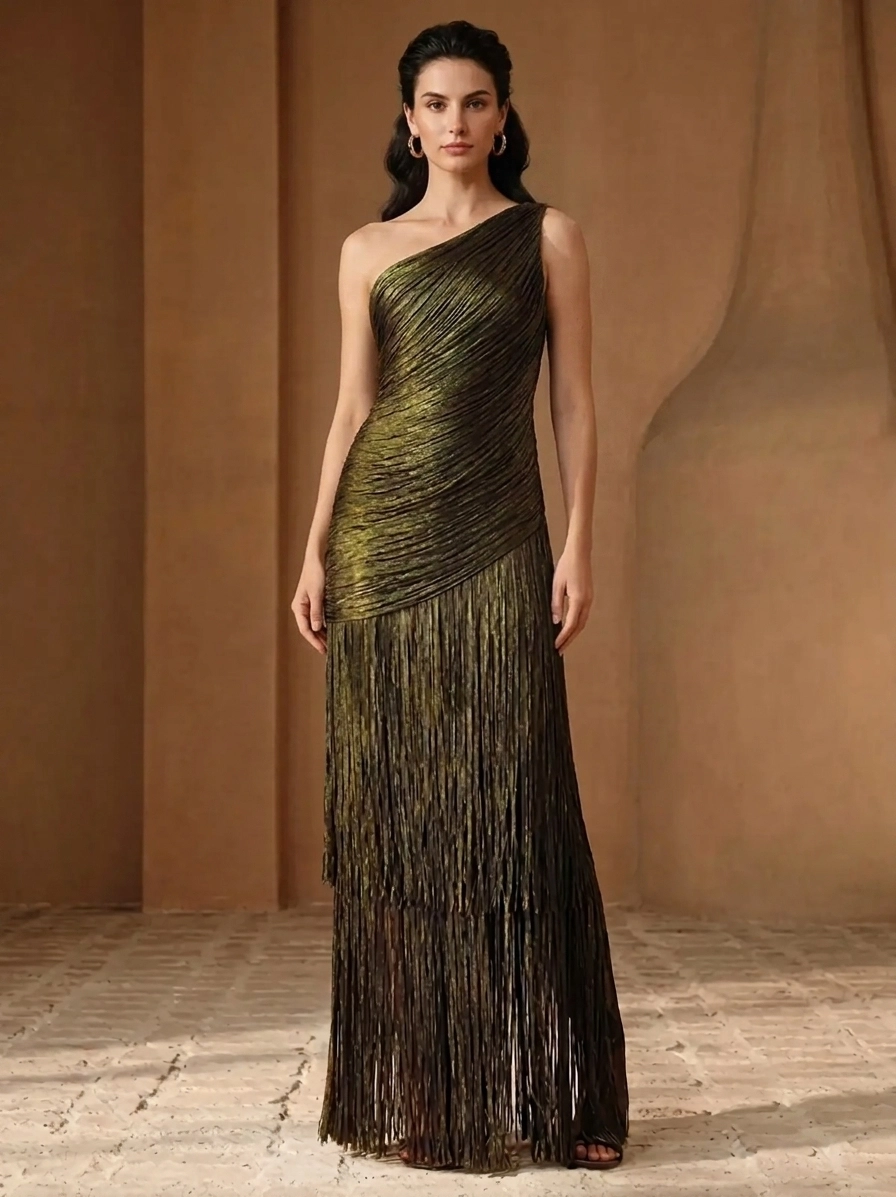Iridescent Metallic One-Shoulder Maxi Gown