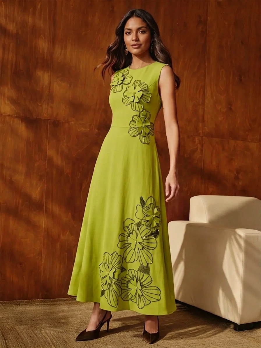 Avocado Green 3D Applique Woven Dress